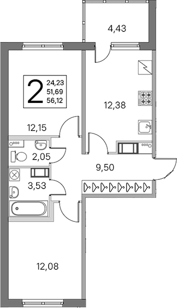 2-комнатная квартира 51.69 м², 5/5 эт., ЖК «ЮгТаун. Олимпийские кварталы»